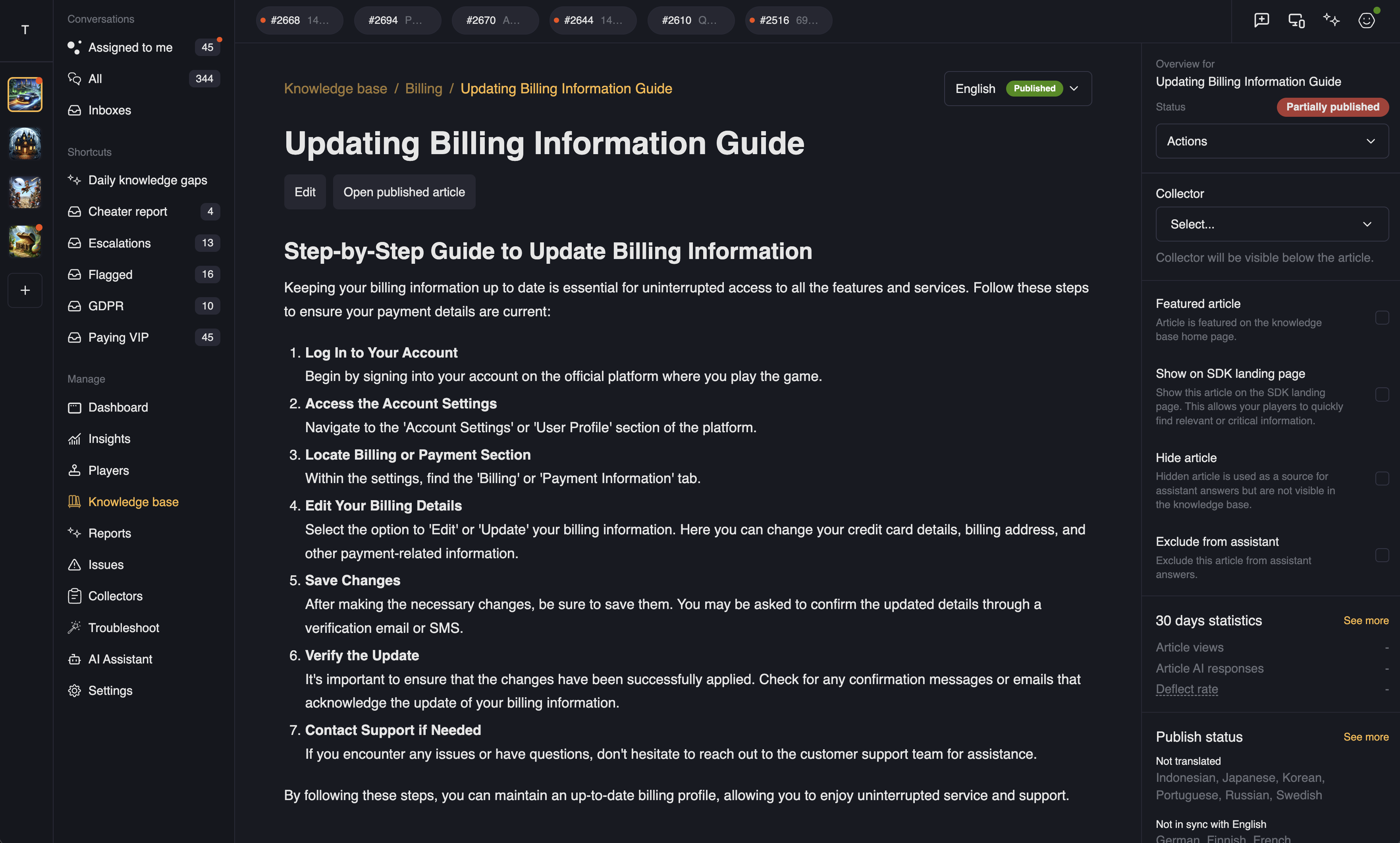 Knowledge Base dashboard view